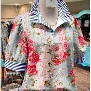 Blue, Pink & White Floral Bubble Sleeve Top Blouse (S) VERY CUTE!